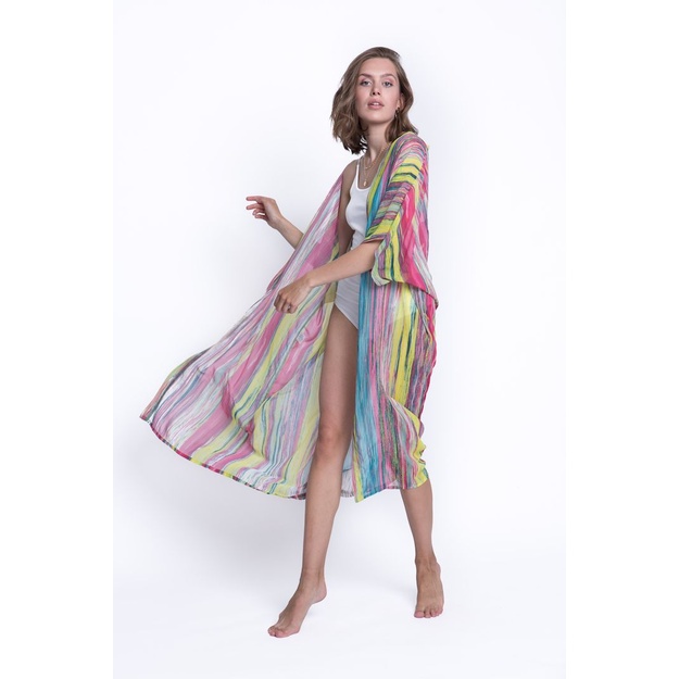 ShaSha dryžuotas paplūdimio kimono su aplikacija Pink wing